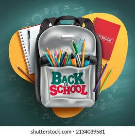 Premium Vector  School bag with student education supplies of welcome back  to school. backpack with books, calculator and globe, paint, brush and  flasks, scissors, glue and alarm clock, glue and ball