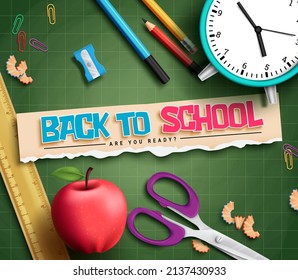 Back to school vector concept design. Back to school text in torn paper with educational items  of chalkboard, pencil and scissor for creativity teach and learn study. Vector illustration.
