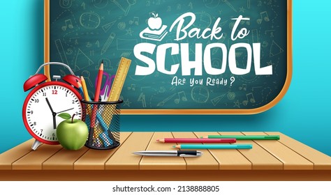 Back to school vector concept design. Back to school text in chalkboard with color pencil, alarm clock and supplies elements for educational class learning. Vector illustration.
