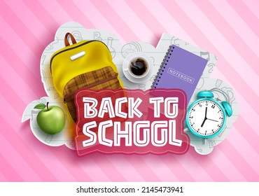 Back to school vector concept design. Back to school text with bag, notebook, clock and apple elements in doodle paper cut decoration for educational learning items. Vector illustration.
