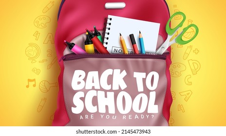 Back to school vector concept design. Back to school text in backpack bag and education supplies with doodle background for student educational learning objects. Vector illustration.