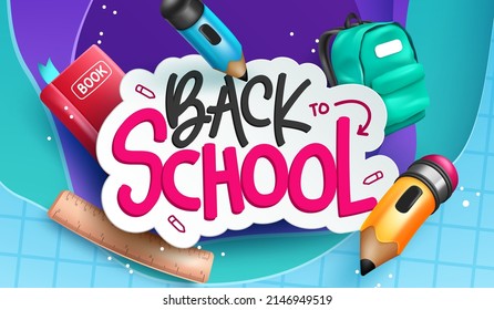 Back to school vector concept design. Back to school text with educational items of pencil, bag and book supplies in colorful background for kids educational study. Vector illustration.