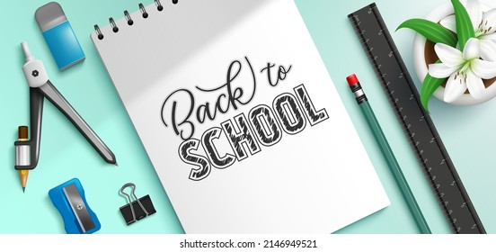 Back to school vector concept design. Back to school text in note pad element with educational tools for minimalist and organized study decoration. Vector illustration.