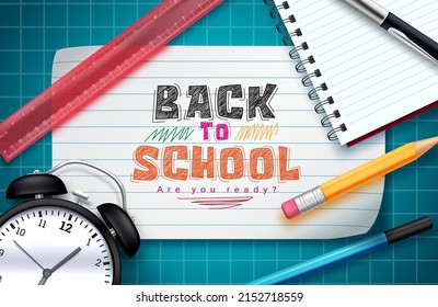 Back to school vector concept design. Back to school text in paper with educational elements of pencil, ruler and notebook for student learning study. Vector illustration.
