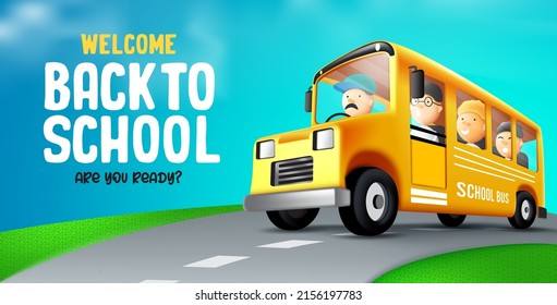 Back to school vector concept design. Back to school text with students character riding school bus service element for kids educational service. Vector illustration.
