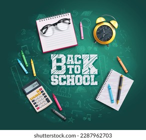 Back to school vector concept design. Back to school text with student educational supplies in chalkboard background. Vector illustration back to school educational design.