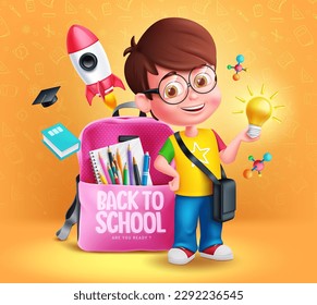 Back to school vector concept design. Schoolboy character with bag, rocket and color pencil educational elements. Vector illustration in yellow background.  