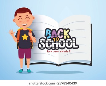 Back to school vector concept design. Back to school text in book educational element with friendly male kid in standing and waving pose and gesture for educational friendly boy character.