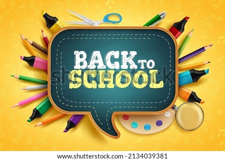 Back to school vector concept design. Back to school text in speech bubble chalkboard with creativity elements of marker and pencil for educational supplies items. Vector illustration.
