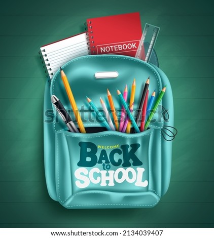 Back to school vector concept design. Welcome back to school text in backpack with educational items of color pencil and notebook for elementary education. Vector illustration.
