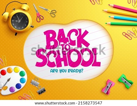 Back to school vector concept design. Back to school text in paper with color pencil, painting and clock elements for educational learning decoration. Vector illustration.
