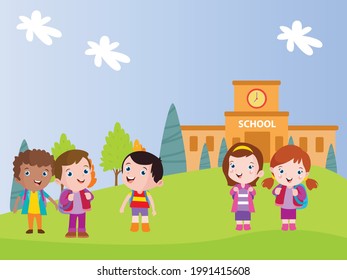 Back to school vector concept. Diversity elementary school students going back to school