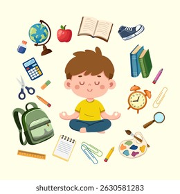 Back to school. Vector concept of education, school supplies and a student meditating sitting in lotus pose.