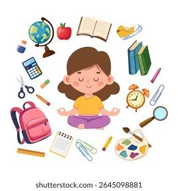 Back to School. Vector concept of education, school supplies and a girl meditating while sitting in lotus pose