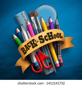 Back to school vector concept with greeting text, colorful school supplies, education elements and lasso in blue chalkboard background. Vector illustration.
