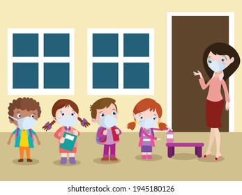 Back to school vector concept: Group of elementary school students wearing face mask and queuing to use hand sanitizer at school