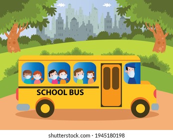 Back to school vector concept: Group of elementary school students riding school bus while wearing face mask
