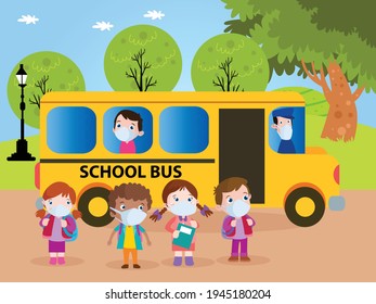 Back to school vector concept: Group of elementary school students queuing to enter the school bus while wearing face mask