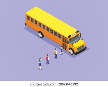 Back to school vector concept. Group of high school students carrying backpack while queuing to enter the school bus