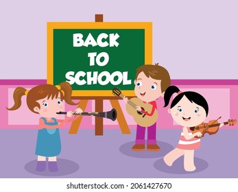 Back to school vector concept: Group of students playing with their music instrument while standing with blackboard