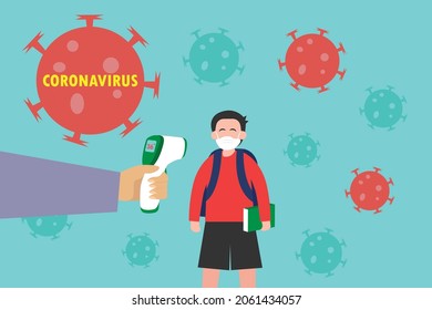 Back to school vector concept: Hand of people measuring temperature of schoolboy while using infrared thermometer 