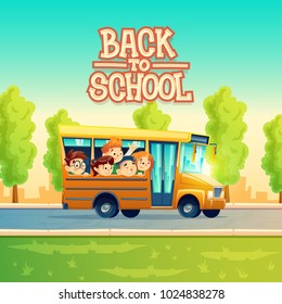 Back to school vector concept illustration with cheerful smiling kids, happy pupils, riding on yellow bus. Colorful background, poster with group of boys and girls go on excursion or trip