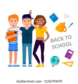 Back to school vector concept illustration with cheerful children cartoon characters gathering isolated on white background. Smiling Students with school supplies are back to classes in flat design