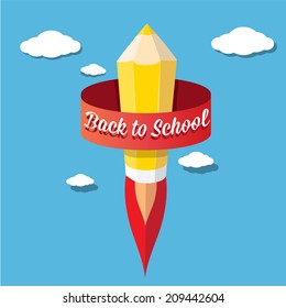 back to school vector concept illustration with rocket pencil launch in blue sky