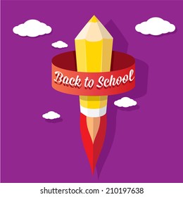 back to school vector concept illustration with rocket pencil launch and in violet sky