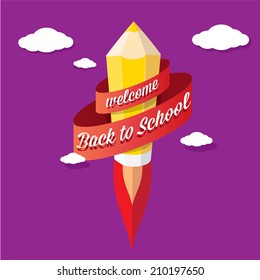 back to school vector concept illustration with rocket pencil launch and in blue sky