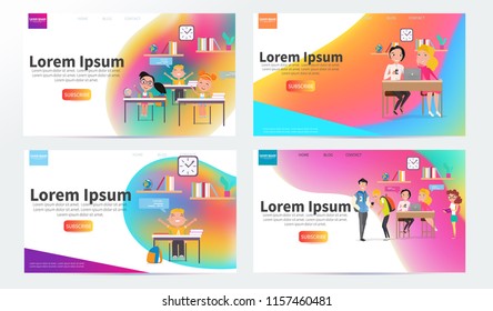 Back to school vector concept web design page templates. Happy school multiracial children characters. Kids joyfully laughing. Vector illustration for banners invitation poster and website. 