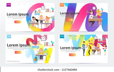 Back to school vector concept web design page templates. Happy school multiracial children characters. Kids joyfully laughing. Vector illustration for banners invitation poster and website. 