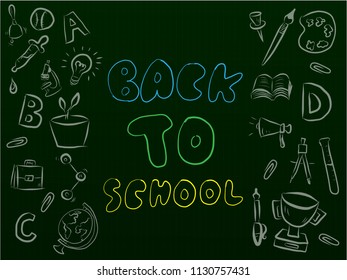 Back to school vector design with 3d title and school items and elements inblack graph background. Vector illustration.