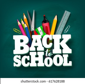 Back to school vector design with 3d title and school items and elements in green chalkboard background. Vector illustration.
