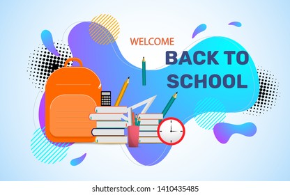 Back to school vector design, back to school banner template design on modern trendy gradient color background liquid and fluid shape.  school supplies books, pencil, bag, ruler - vector illustration