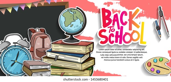 Back to School vector design banner with colorful education element and blackboard in red  background. vector illustration for first day school