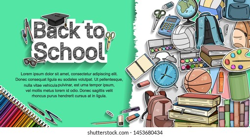 Back to School vector design banner with colorful education element in green background. vector illustration for first day school