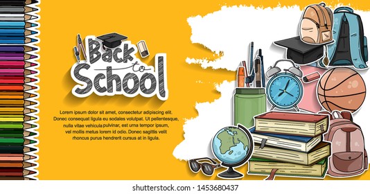 Back to School vector design banner with colorful education element in yellow background. vector illustration for first day school