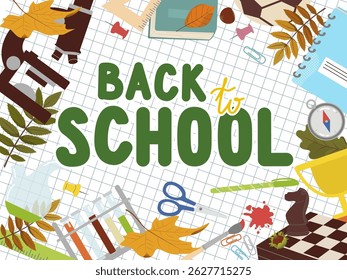 Back to school vector design banner with autumn leaves and school supplies, microscope and chess. Vector illustration. Hand drawn