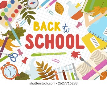 Back to school vector design banner with autumn leaves and school supplies, alarm clock, paints, notebook. Vector illustration. Hand drawn