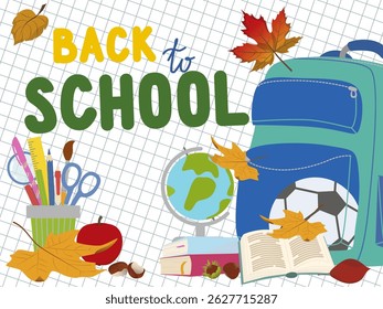 Back to school vector design banner with backpack, school bag, alarm clock, pencil and educational elements. Vector illustration. Hand drawn