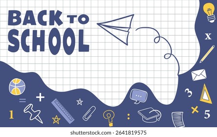 Back to school vector design, School banner with doodles Hand drawn school supplies, stationery. Back to school element template vector background.Sale card with hand drawn icons
