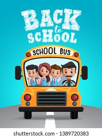 Back to school vector design. School bus with school kids students in uniform happy riding and back to school text in blue background. Vector illustration.
