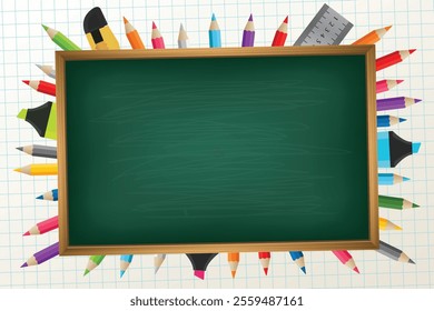 Back to school vector design with chalkboard element with pencil colors, ruler vector illustration