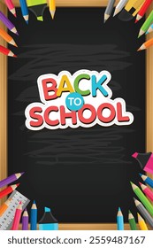 Back to school vector design with chalkboard element with pencil colors, ruler portrait vector illustration