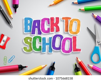 Back to school vector design with colorful paper cut text, education elements and school supplies in white background. Vector illustration.