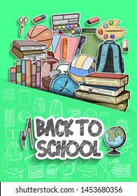Back to School vector design with colorful education element in green background. vector illustration for first day school