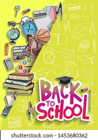 Back to School vector design with colorful education element in yellow  background. vector illustration for first day school