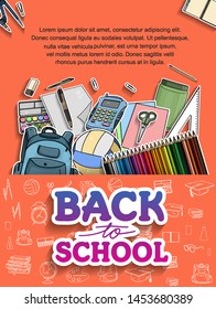 Back to School vector design with colorful education element in orange  background. vector illustration for first day school