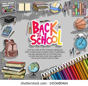 Back to School vector design with colorful education element in grey background. vector illustration for first day school